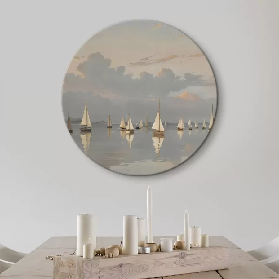  Schilderijen Een vloot witte zeilboten op een kalm, weerspiegelend water bij zonsondergang, met een bewolkte lucht op de achtergrond r40615