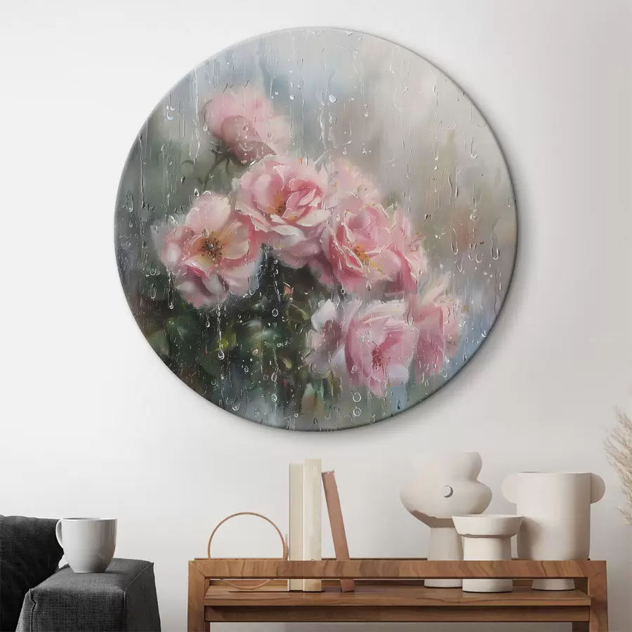  Schilderijen Een boeket roze rozen voor het raam bij regenachtig weer r40656