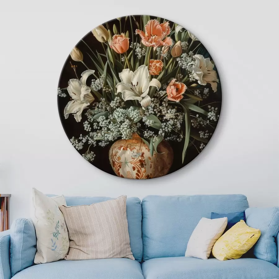  Schilderijen Extravagant barok stilleven voorstellende een vaas gevuld met tulpen, anjers en hyacinten, imitatie van een olieverfschilderij r40658