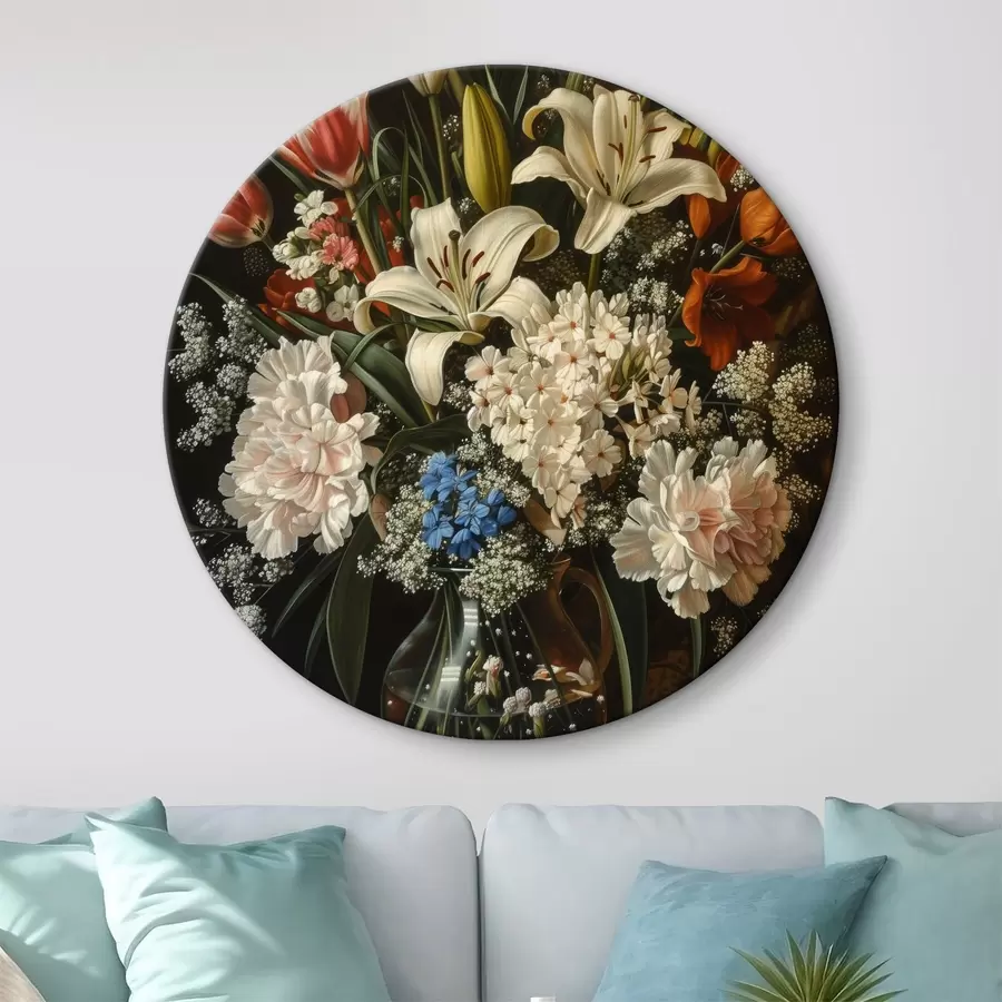  Schilderijen Barok stilleven met een vaas gevuld met tulpen, anjers en hyacinten, imitatie van een olieverfschilderij r40659