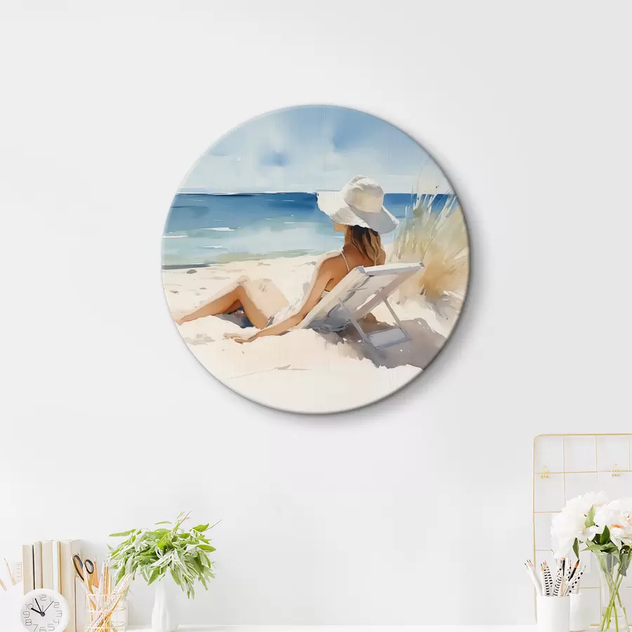  Schilderijen Meisje ontspannend op het strand bij de zee aquarel r40679