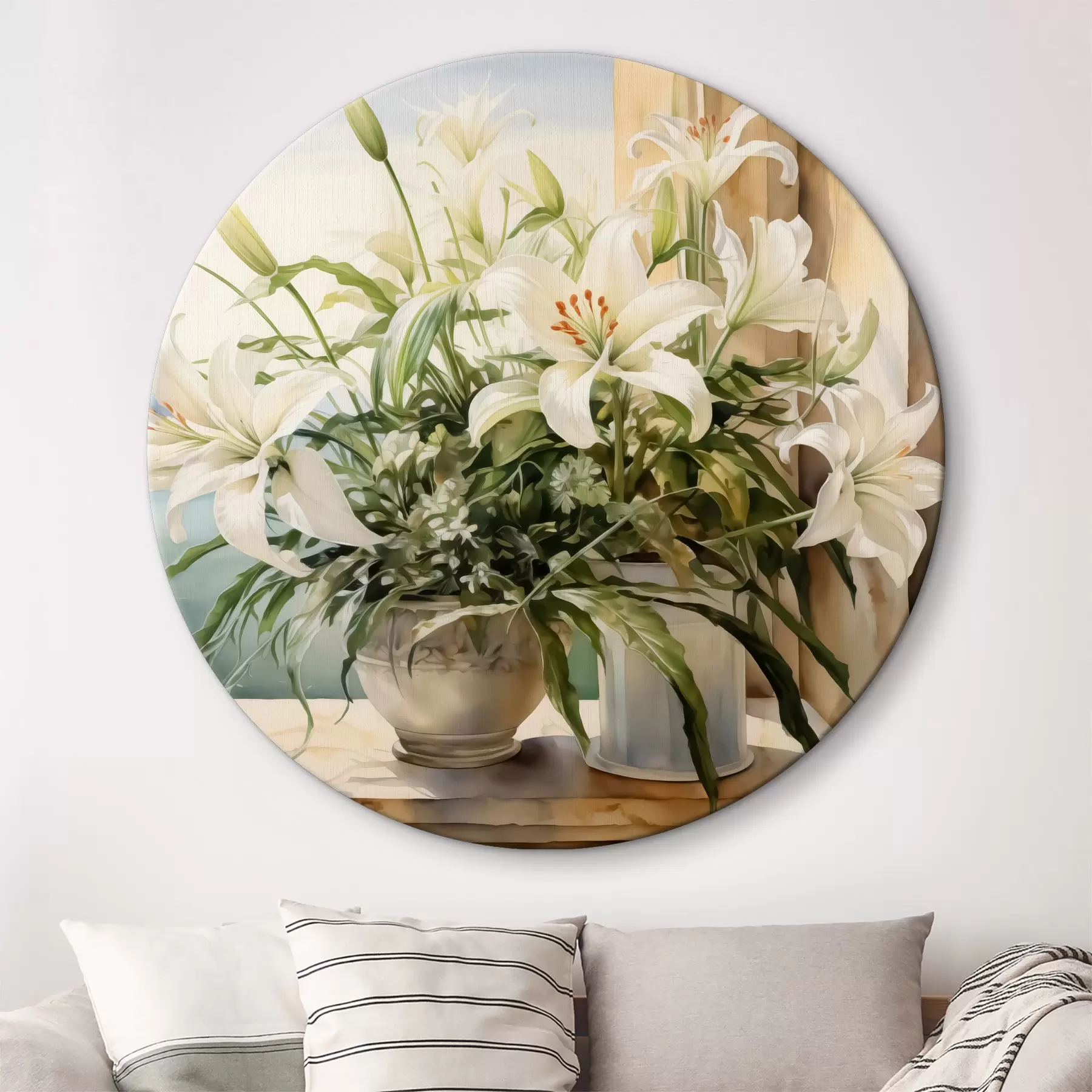  Schilderijen Witte lelies in een vaas op het balkon met uitzicht op de zee en de bergen aquarel r40682