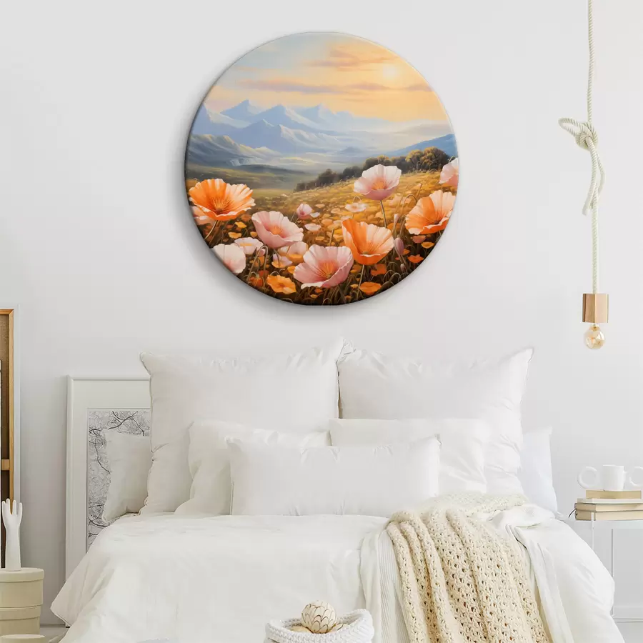  Peintures Champ de coquelicots à l'aube avec les montagnes en arrière-plan r40730