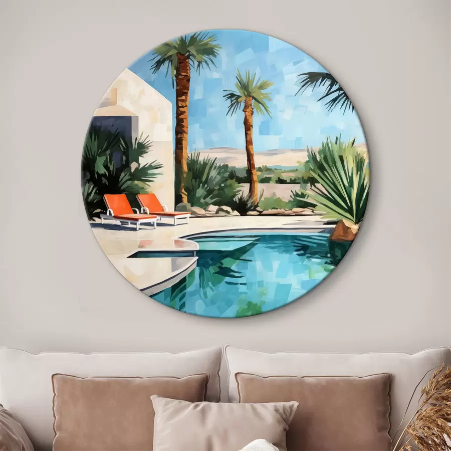  Peintures Palmiers près de l'hôtel avec une piscine près des rochers, couleurs bleu, vert, rouge r40748