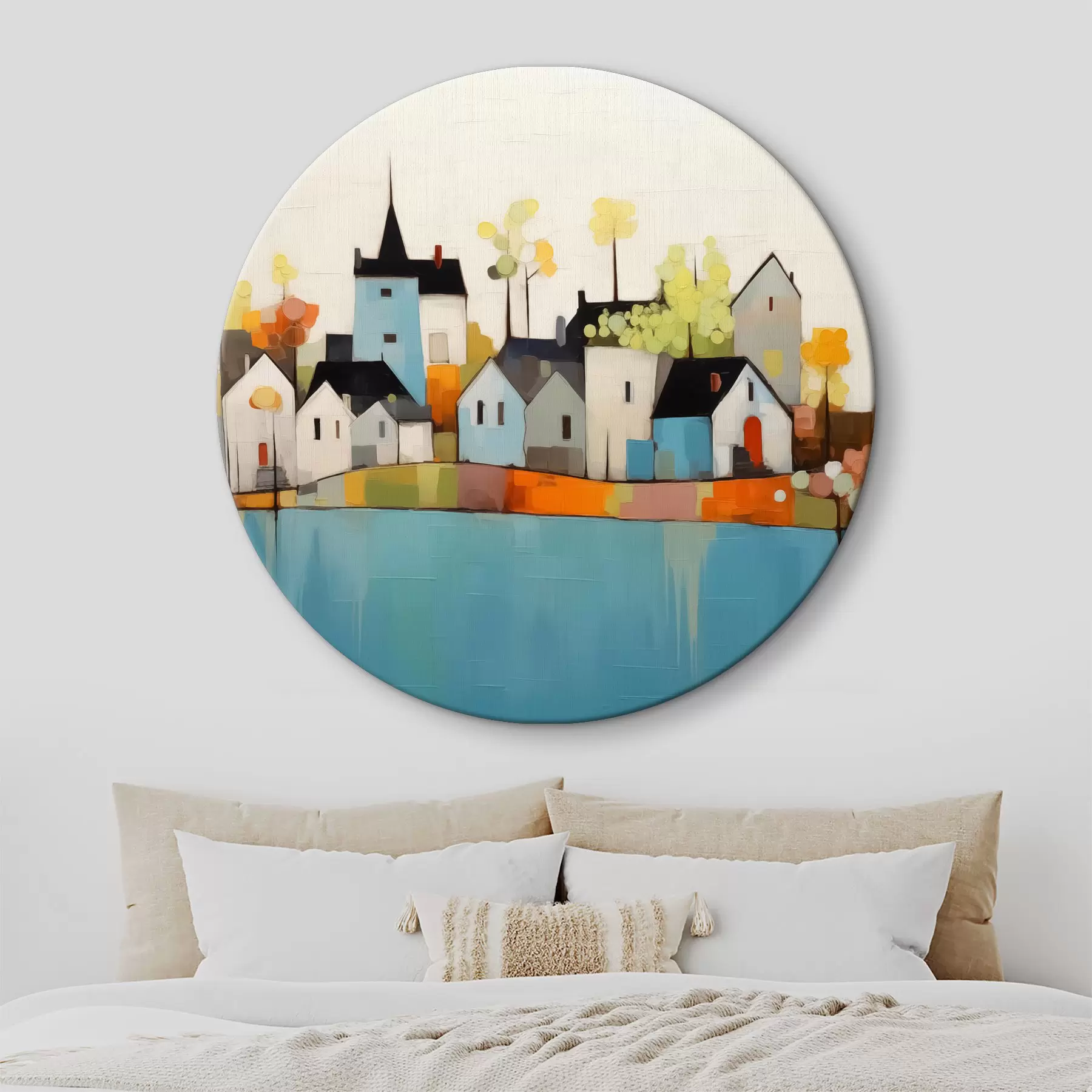  Schilderijen Abstracte stad en huizen, blauwe, gele, rode kleuren r40751