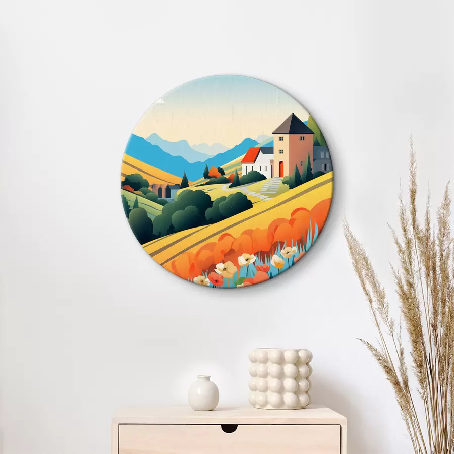  Peintures Paysage rural lumineux avec champs, coquelicots et maisons r40756