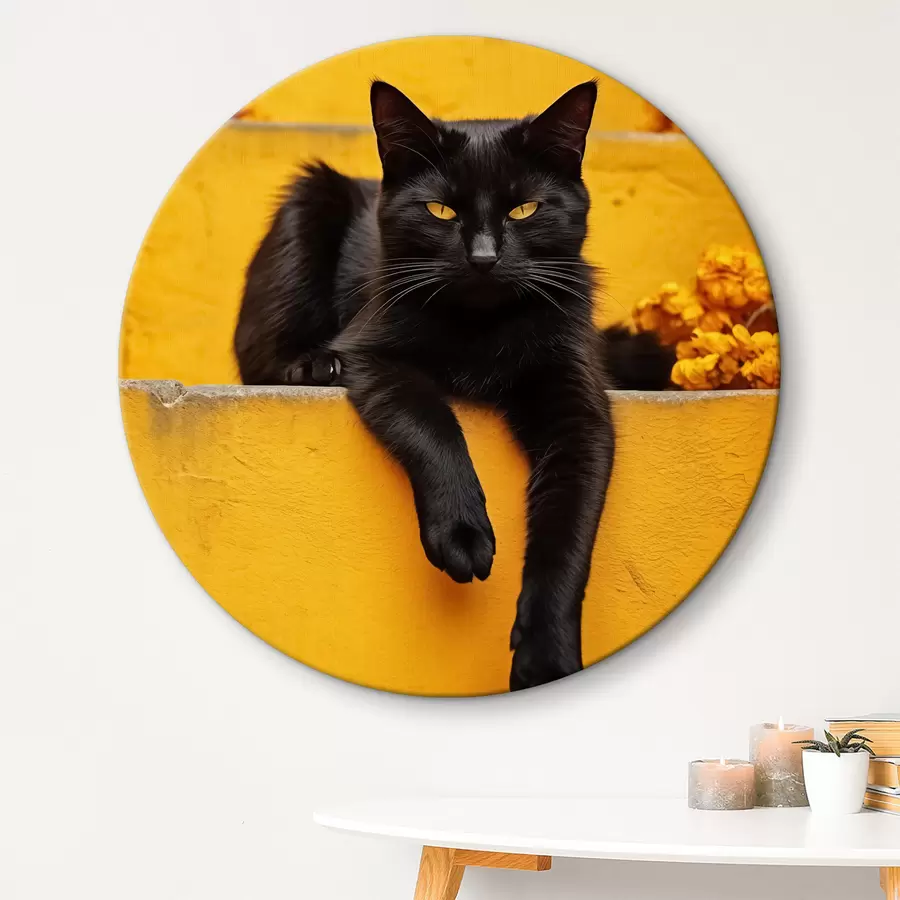  Schilderijen Een zwarte kat ligt op de gele trap r40798