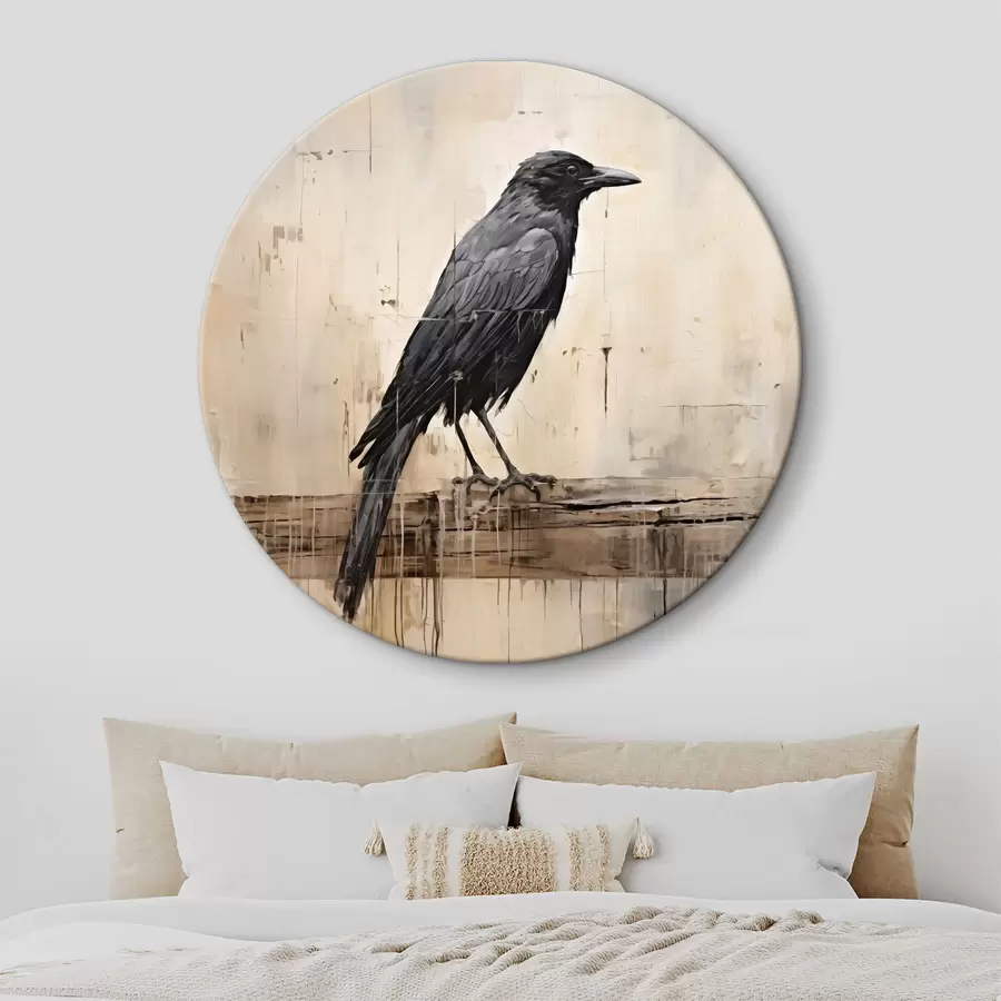  Schilderijen Zwarte raaf zittend op een houtblok op een abstracte achtergrond r40808