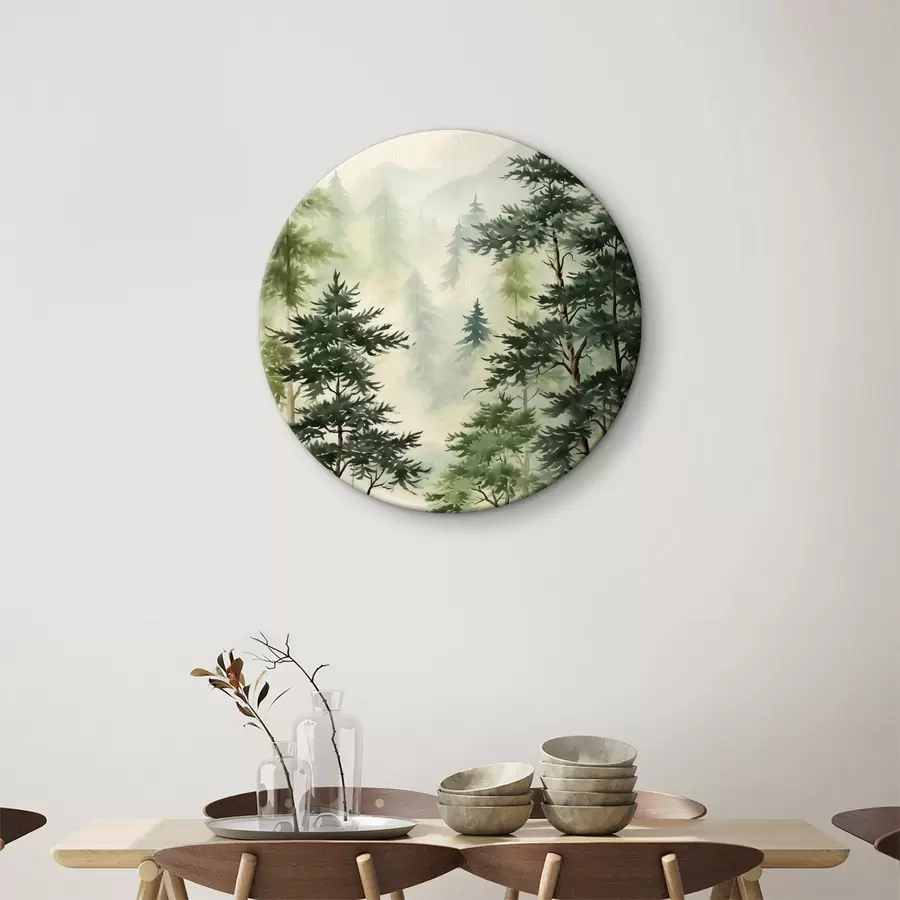  Peintures Sapins dans la forêt sur fond de montagnes, aquarelle, vert r40889