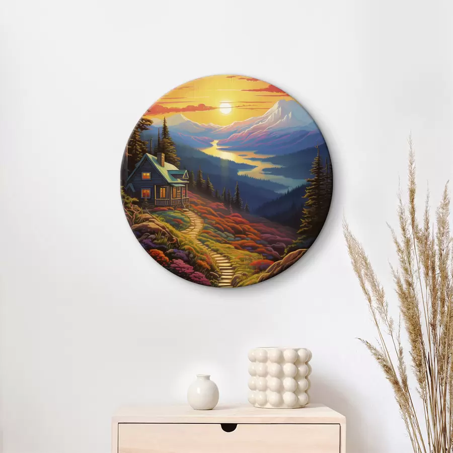  Schilderijen Kleurrijk landschap met bergen en houten huis, kleuren van zonsondergang r40941