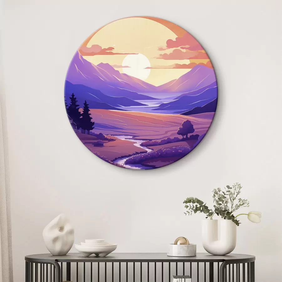  Schilderijen Paarse zonsondergang in de bergen, rivier, bomen, klein huis r40949