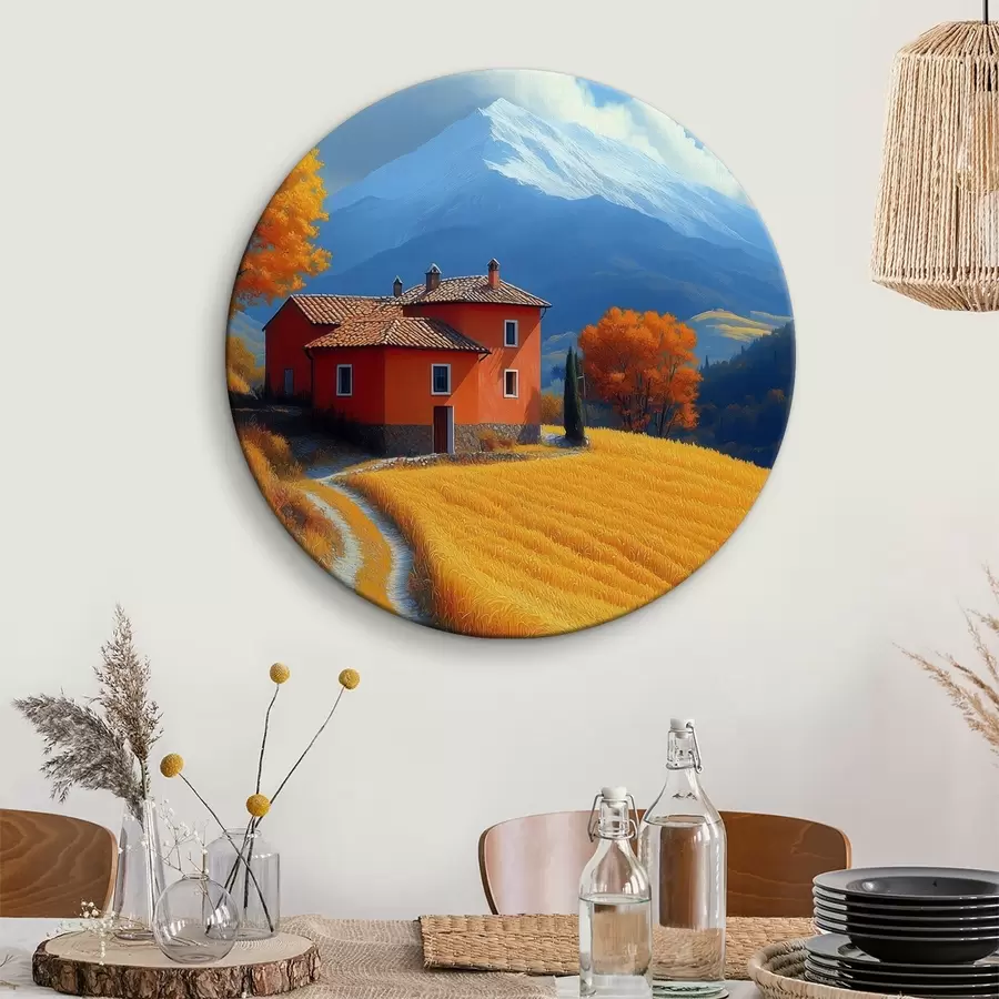  Schilderijen Een huisje in een veld met herfstige bergen op de achtergrond r40962