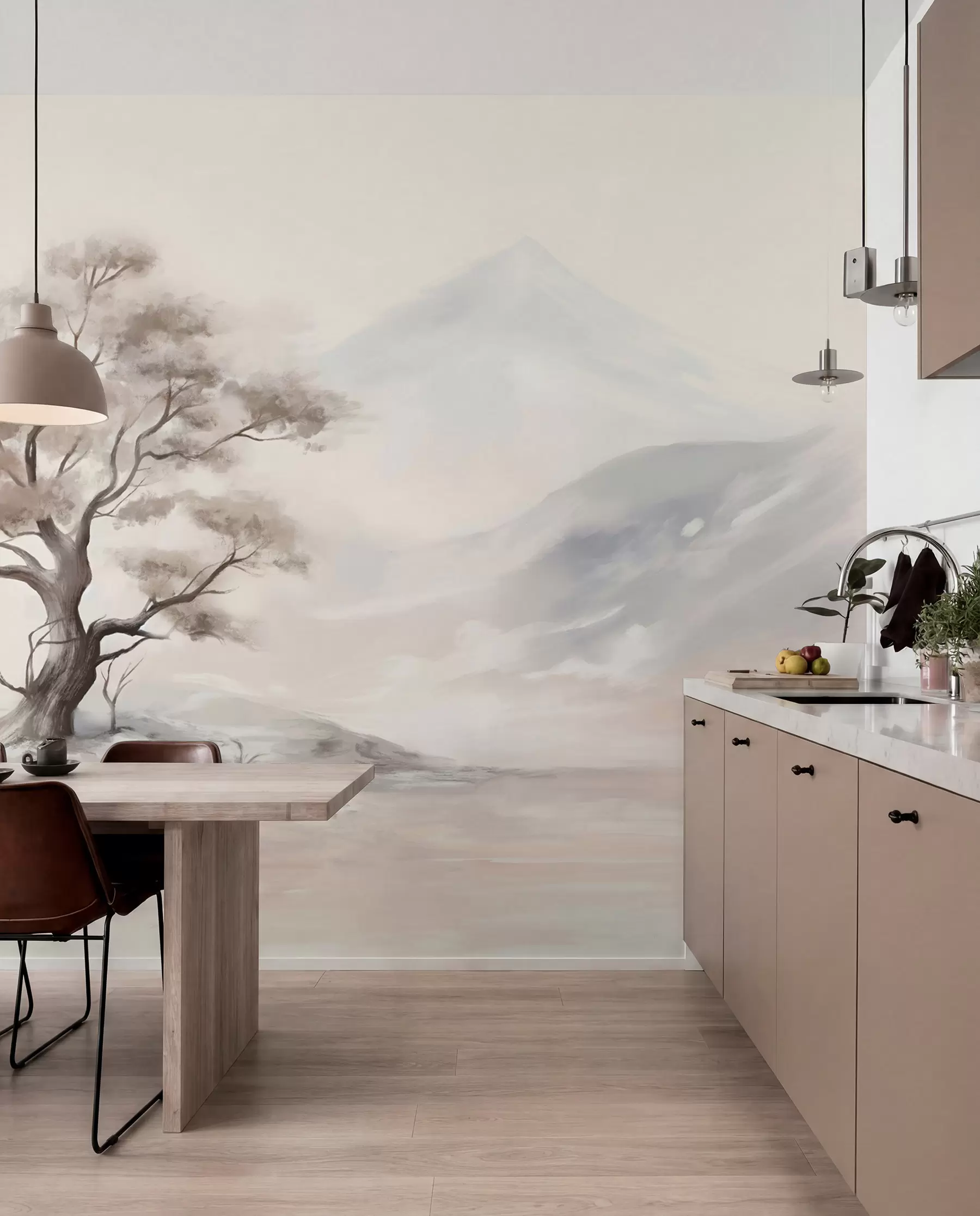Fotobehang Een minimalistische tekening van een eenzame, verwrongen boom in een verlaten, rotsachtig landschap met bergen op de achtergrond  w08604