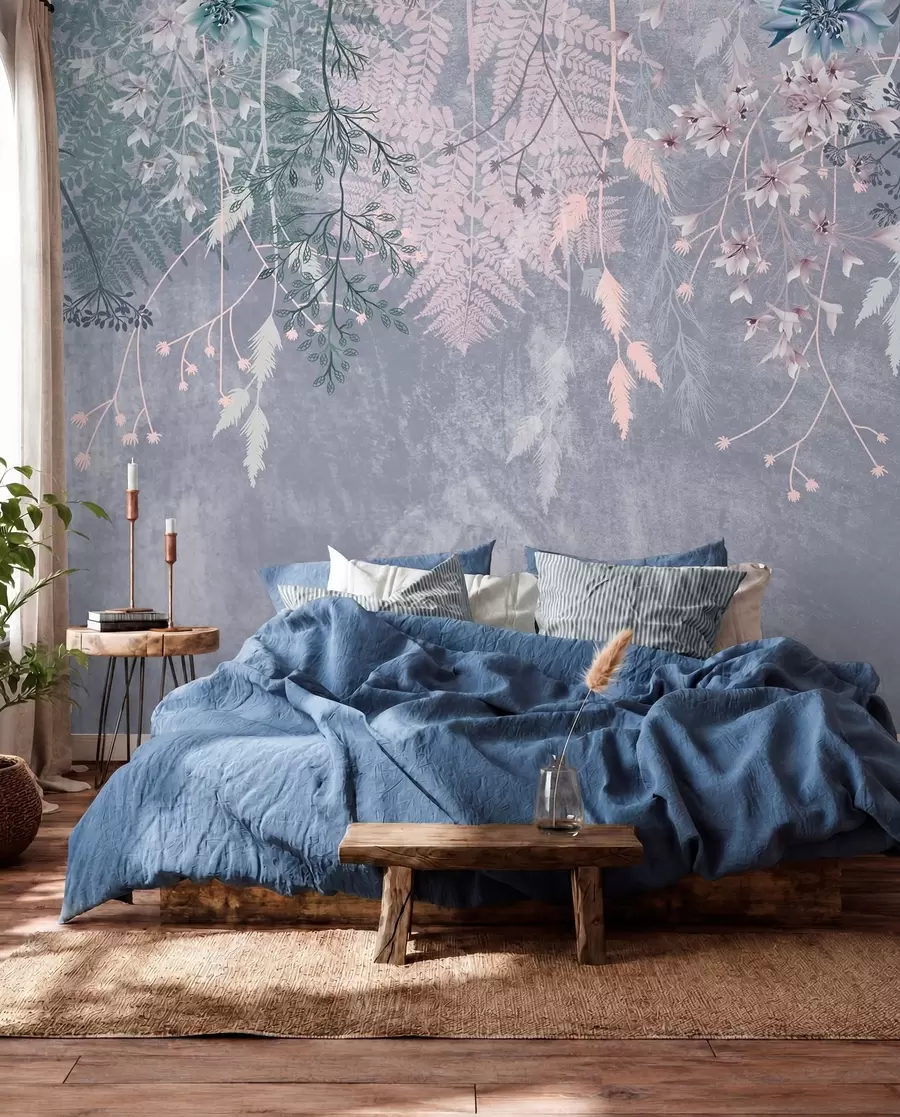 Fotobehang Een dromerige, delicate, piekerige planten, aartjes en bloemen in blauwe pastelkleuren tegen een wazige, getextureerde achtergrond w08606