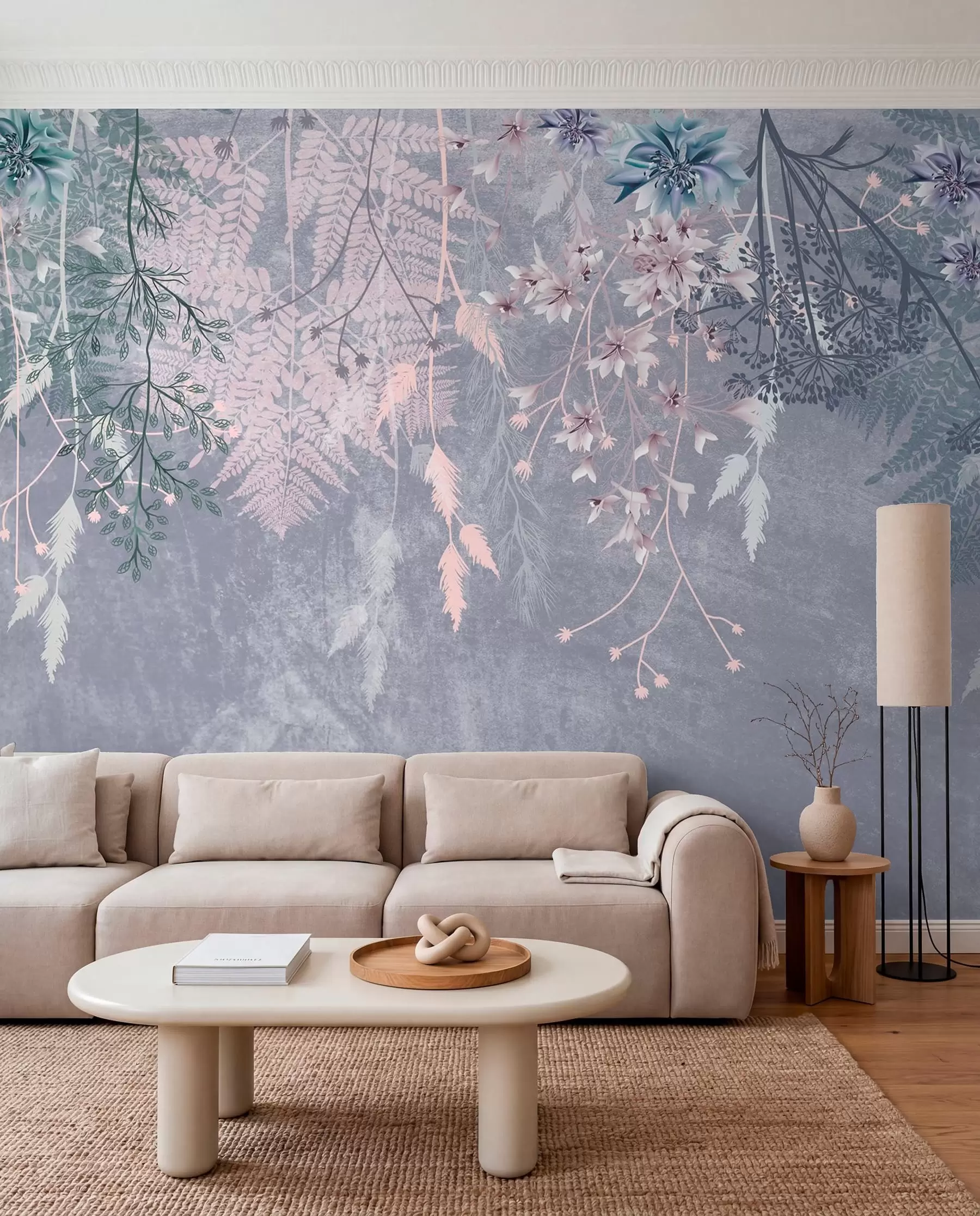 Fotobehang Een dromerige, delicate, piekerige planten, aartjes en bloemen in blauwe pastelkleuren tegen een wazige, getextureerde achtergrond w08606