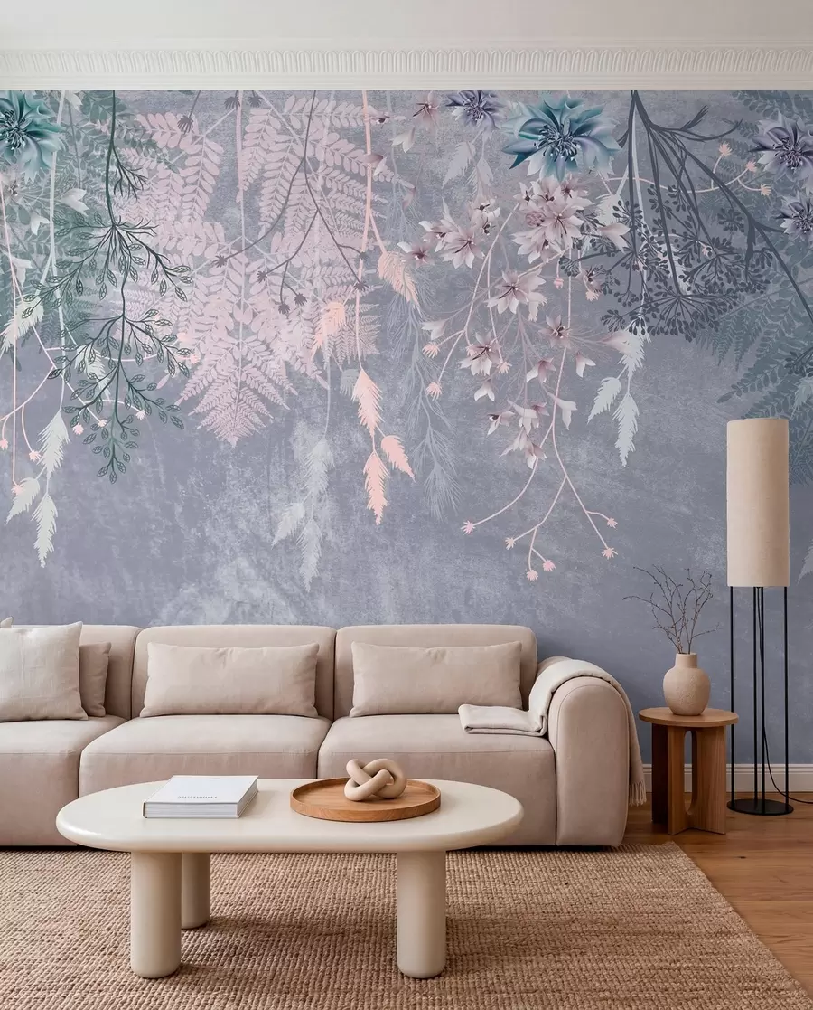 Fotobehang Een dromerige, delicate, piekerige planten, aartjes en bloemen in blauwe pastelkleuren tegen een wazige, getextureerde achtergrond w08606