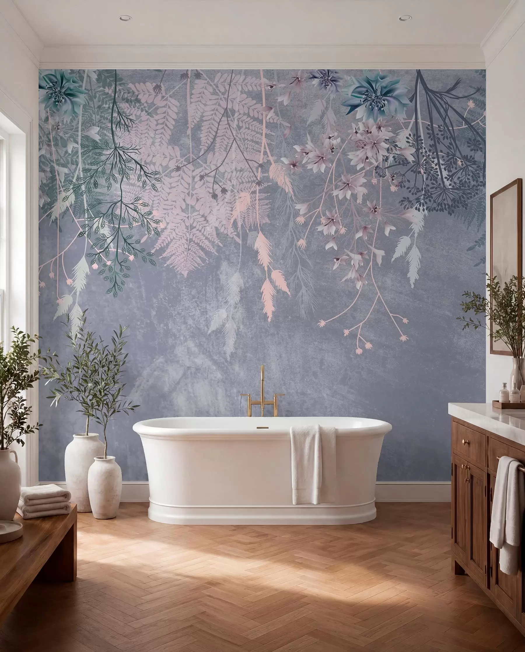 Fotobehang Een dromerige, delicate, piekerige planten, aartjes en bloemen in blauwe pastelkleuren tegen een wazige, getextureerde achtergrond w08606