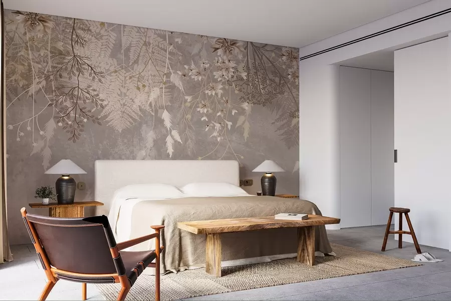 Fotobehang Een dromerige, delicate, piekerige planten, aartjes en bloemen in bruine pastelkleuren tegen een wazige, getextureerde achtergrond w08606v1