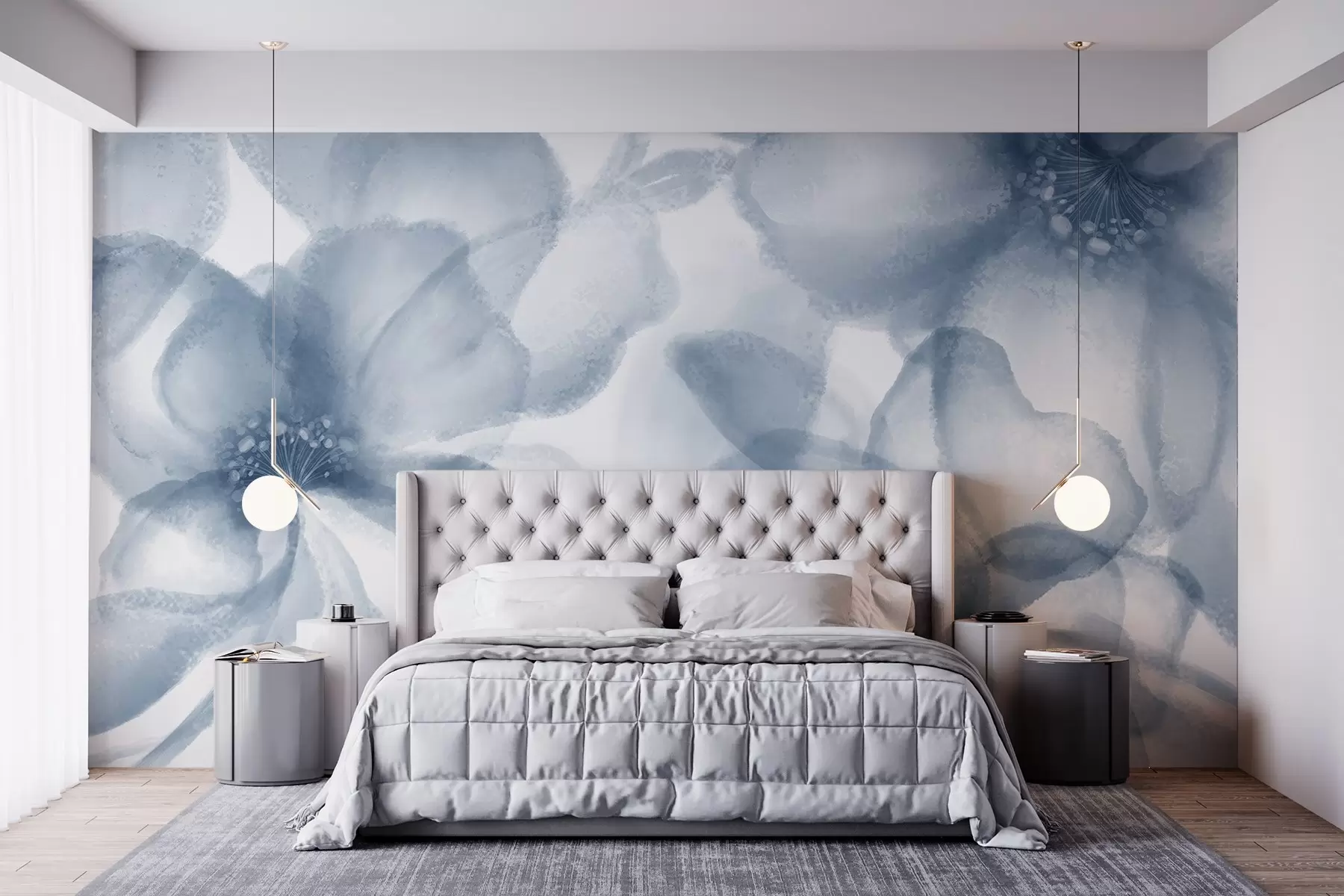 Papier peint photo Fleurs bleues abstraites, douces et floues, créant un imprimé floral serein et apaisant w08607