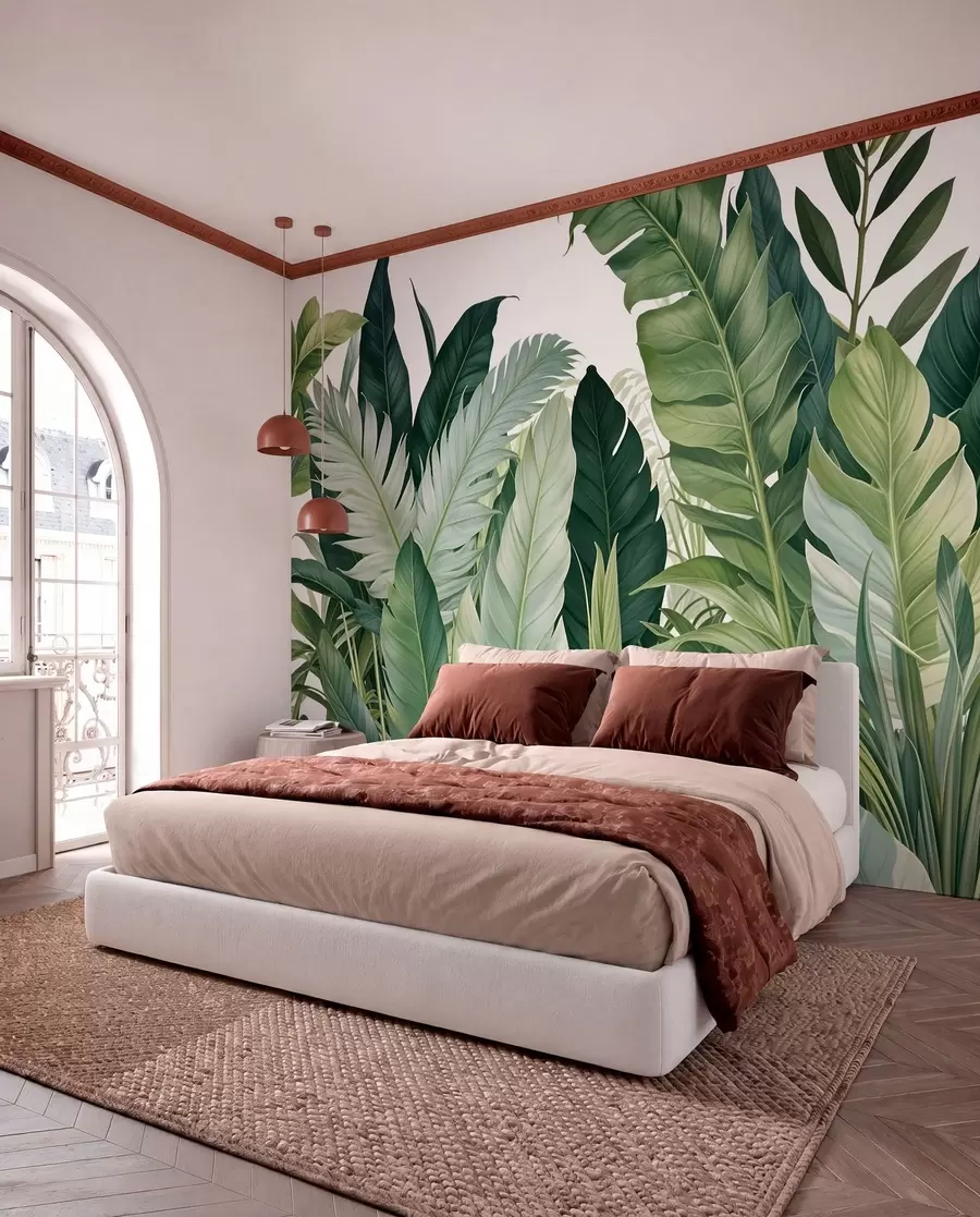Fotobehang Tropisch gebladerte met verschillende grote groene bladeren, waaronder bananenbladeren, palmbladeren en andere exotische plantensoorten w08609