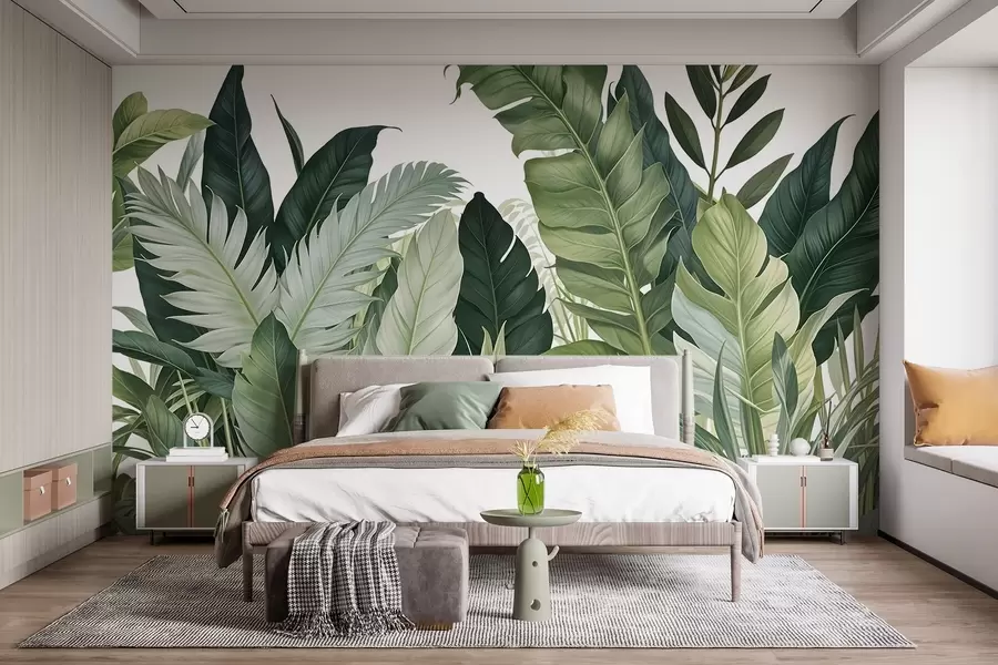 Papier peint photo Feuillage tropical avec diverses grandes feuilles vertes, y compris des feuilles de bananier, des feuilles de palmier et d'autres espèces de plantes exotiques w08609