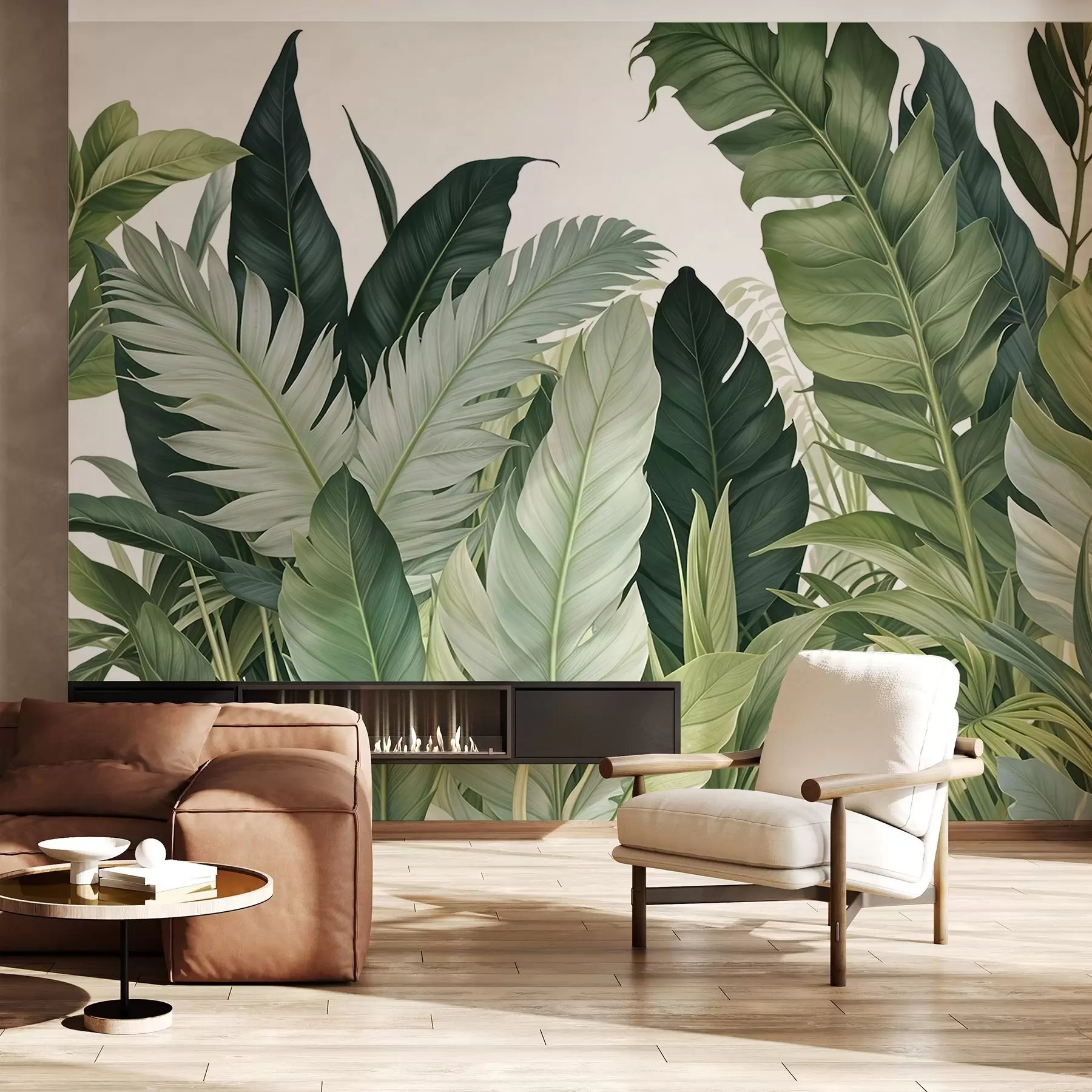 Fotobehang Tropisch gebladerte met verschillende grote groene bladeren, waaronder bananenbladeren, palmbladeren en andere exotische plantensoorten w08609