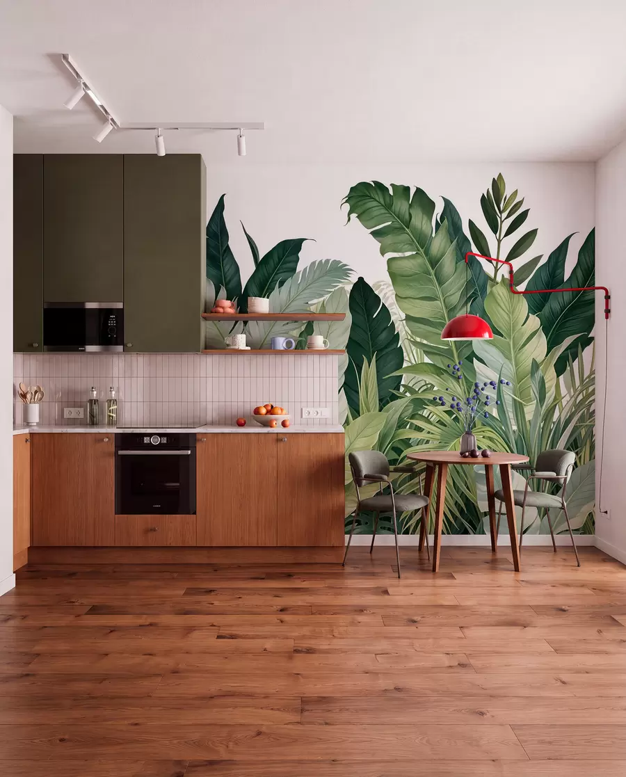 Papier peint photo Feuillage tropical avec diverses grandes feuilles vertes, y compris des feuilles de bananier, des feuilles de palmier et d'autres espèces de plantes exotiques w08609