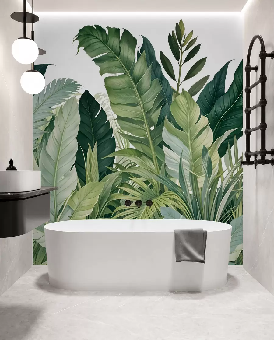 Fotobehang Tropisch gebladerte met verschillende grote groene bladeren, waaronder bananenbladeren, palmbladeren en andere exotische plantensoorten w08609