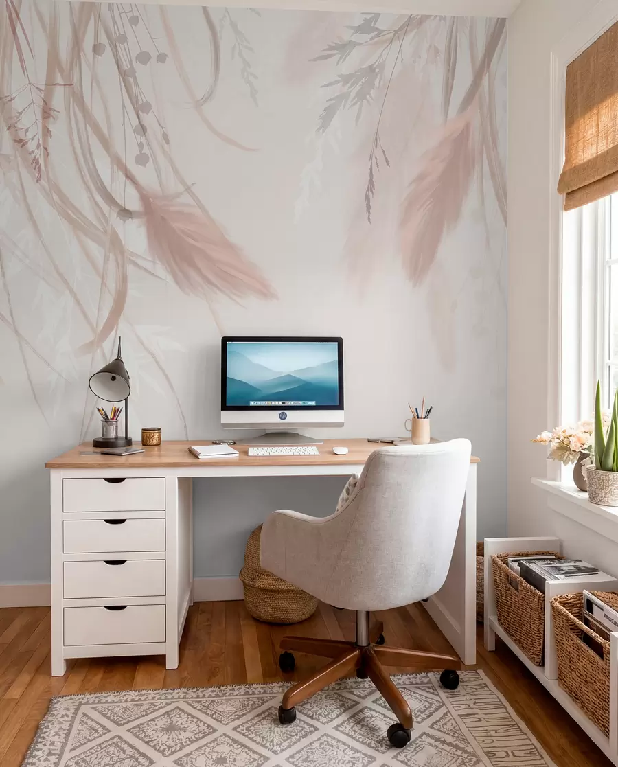 Fotobehang Zacht, piekerig pampagras en aartjes in beige en roze tinten tegen een lichte achtergrond w08611