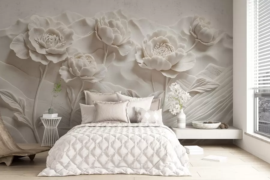 Papier peint photo Une imitation florale blanche de sculpture en relief avec de grandes fleurs de pivoine détaillées sur un fond uni w08612