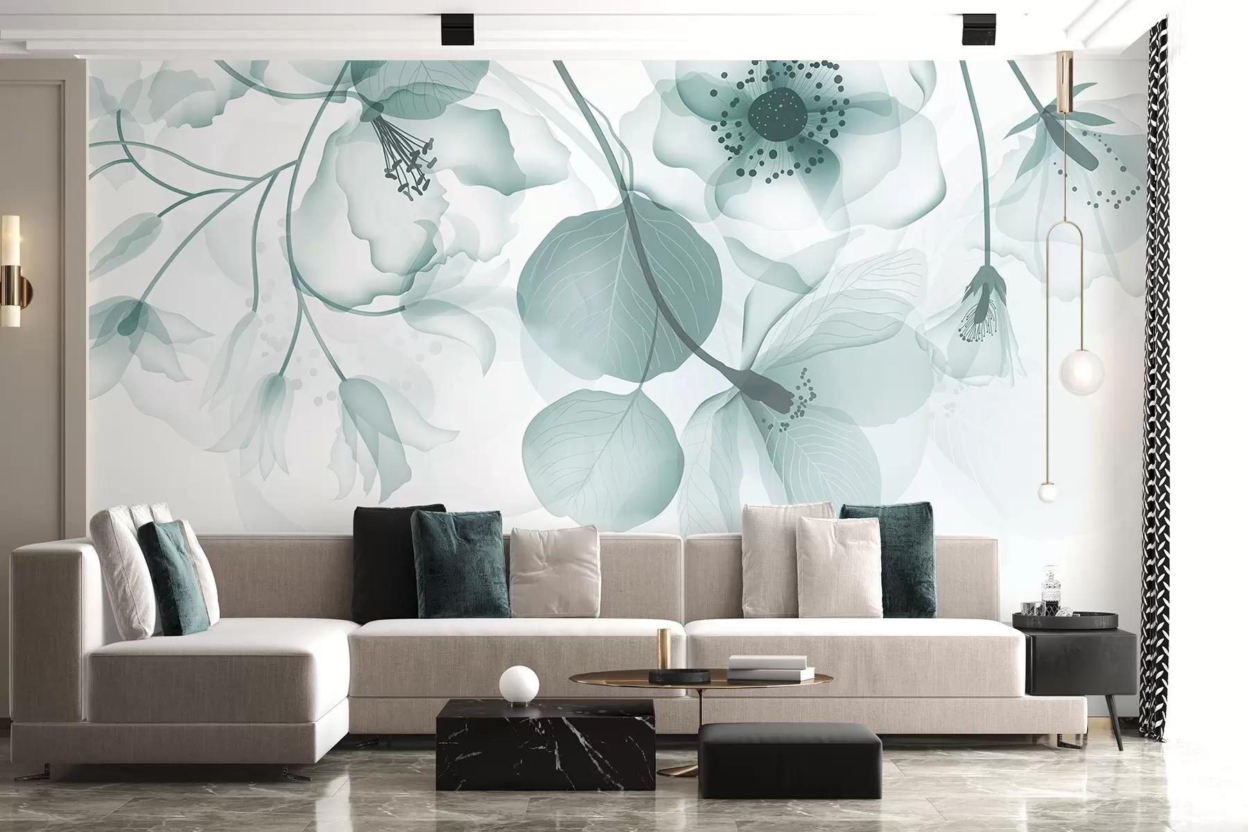 Fotobehang Delicate gedempte turquoise doorschijnende bloemen met zachte bloemblaadjes en donkere harten, tegen een lichte achtergrond w08613v1