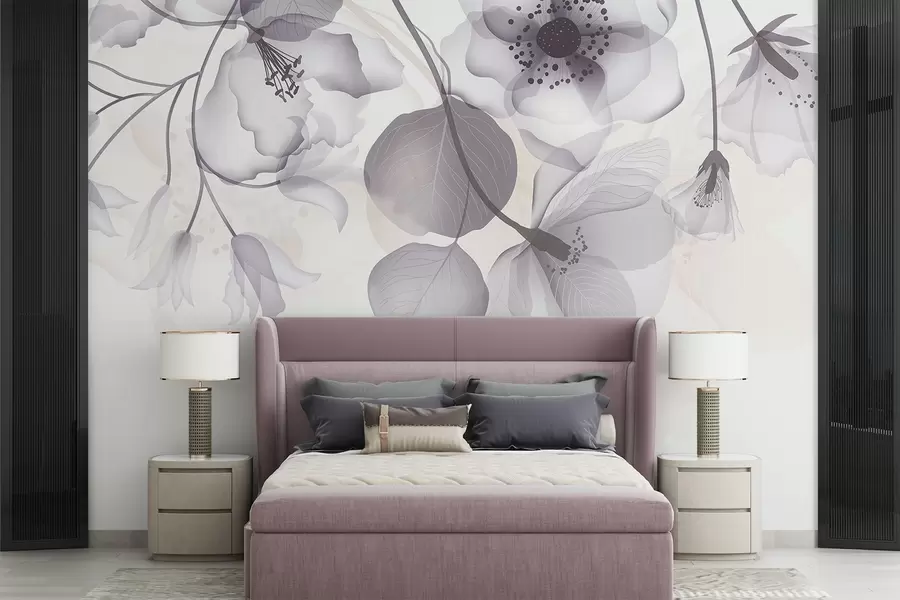 Fotobehang Delicate grijs en beige doorschijnende bloemen met zachte bloemblaadjes en donkere harten, tegen een lichte achtergrond w08613v2