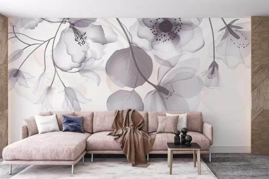 Fotobehang Delicate grijs en beige doorschijnende bloemen met zachte bloemblaadjes en donkere harten, tegen een lichte achtergrond w08613v2