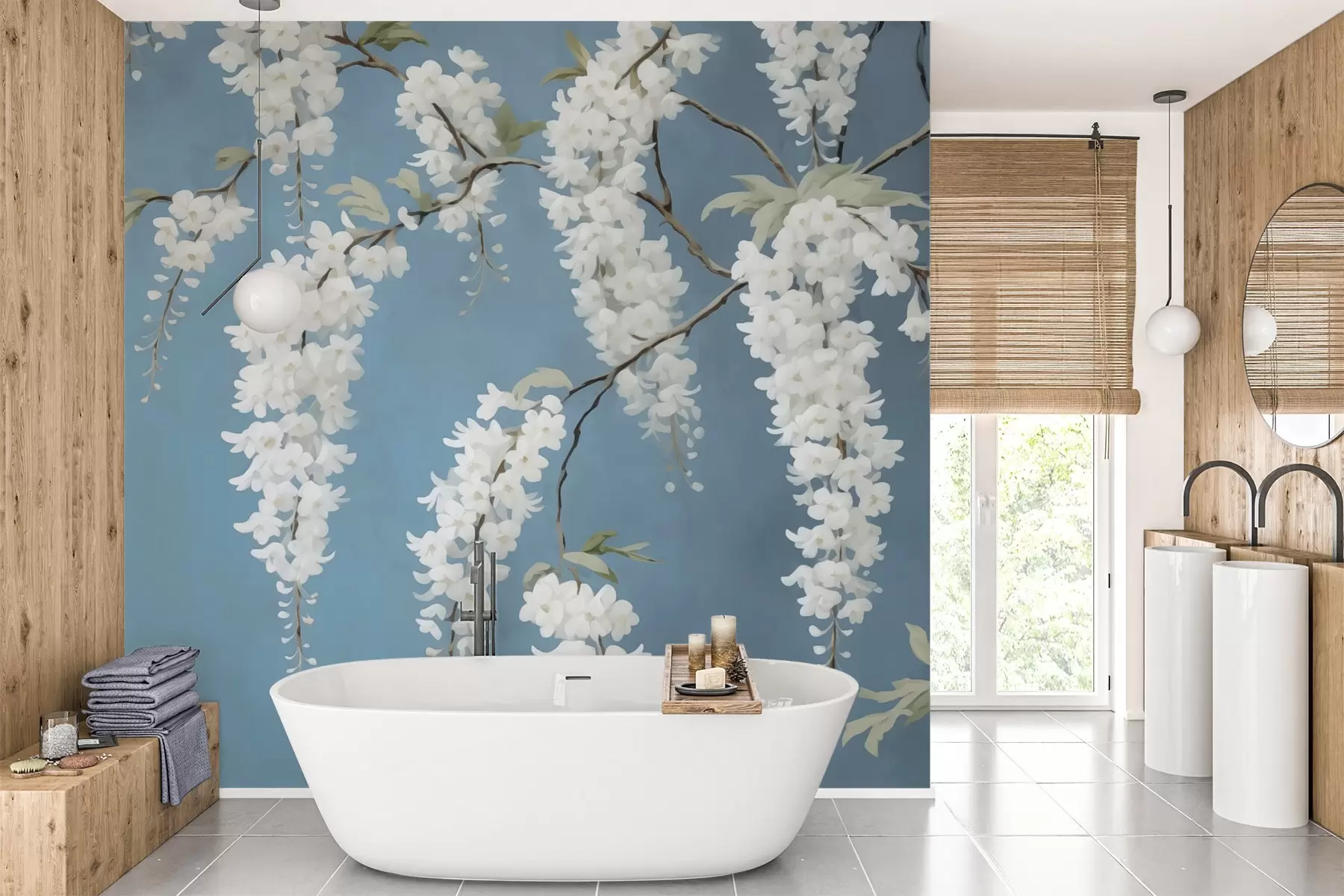 Fotobehang Witte acacia op blauw imitatieschilderij w02723