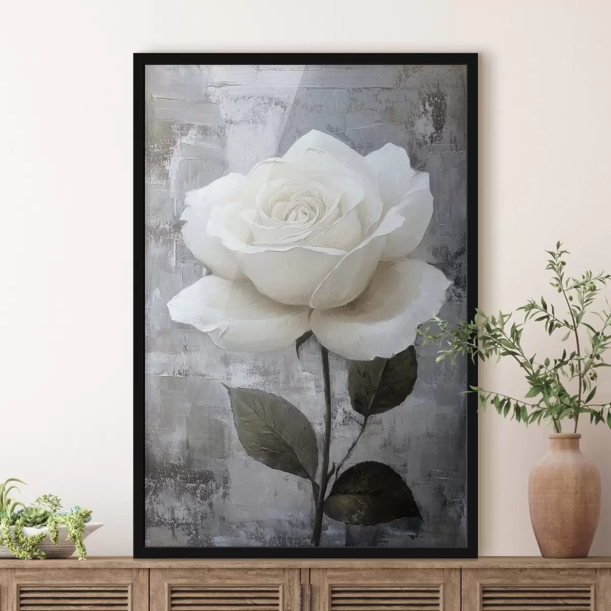 Poster Witte roos met de hand getekend op betonnen achtergrond f42185