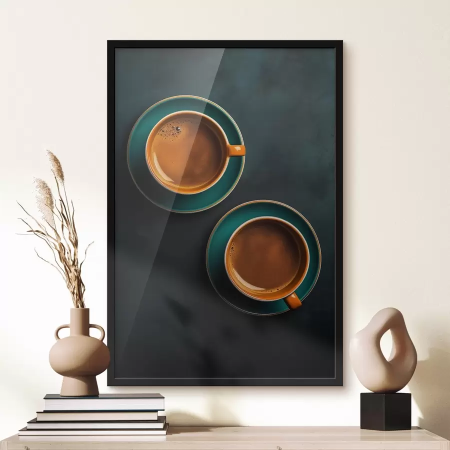 Fotobehang Twee kopjes koffie op een donkere achtergrond f42190