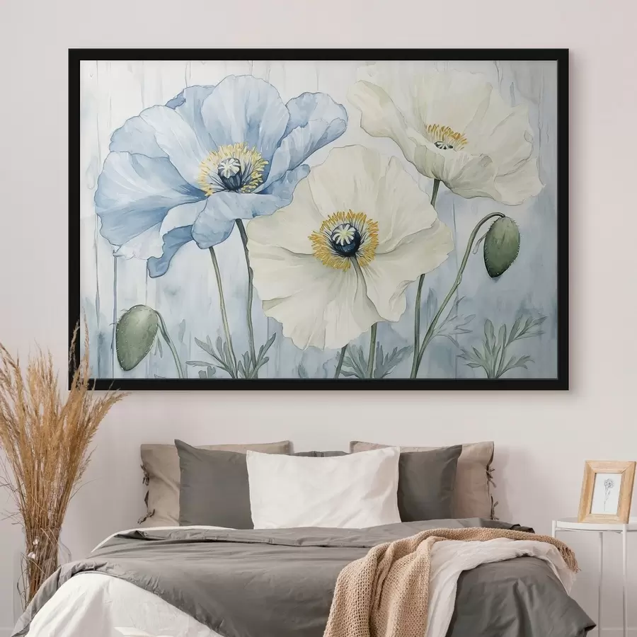 Fotobehang Blauwe en witte klaprozen op een aquarelachtergrond f42191