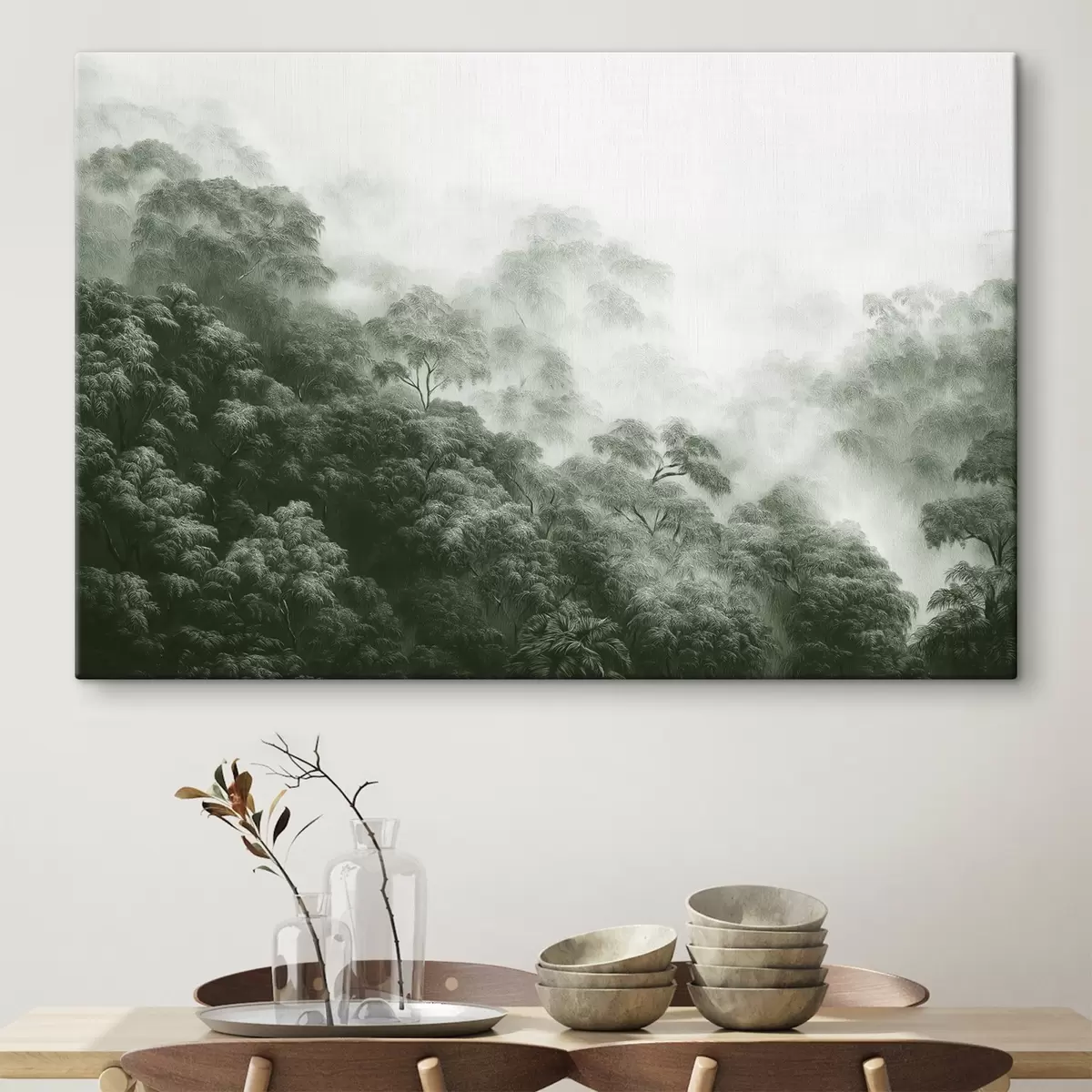  Schilderijen Tropisch bos in de mist, palmbomen, groene kleuren s42371