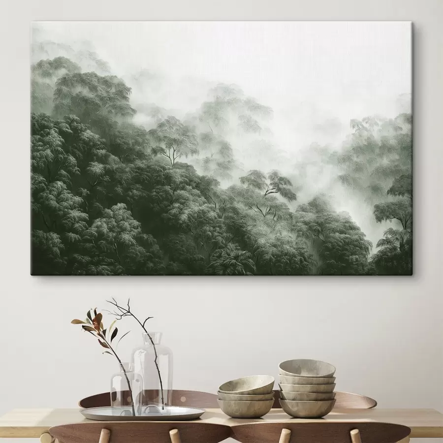  Schilderijen Tropisch bos in de mist, palmbomen, groene kleuren s42371