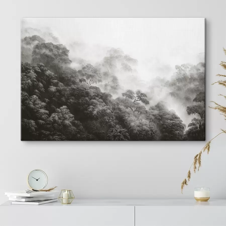  Schilderijen Tropisch bos in de mist, palmbomen, grijze kleuren s42371v1