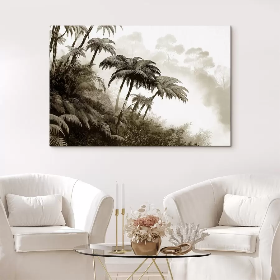  Schilderijen Junglebos in de mist, palmbomen, natuur, beige kleuren s42372