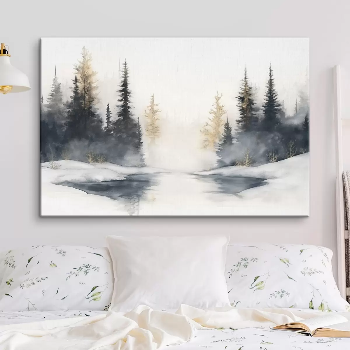  Schilderijen Winterlandschap met rivier en pijnbomen, natuur, bos, mist s42374