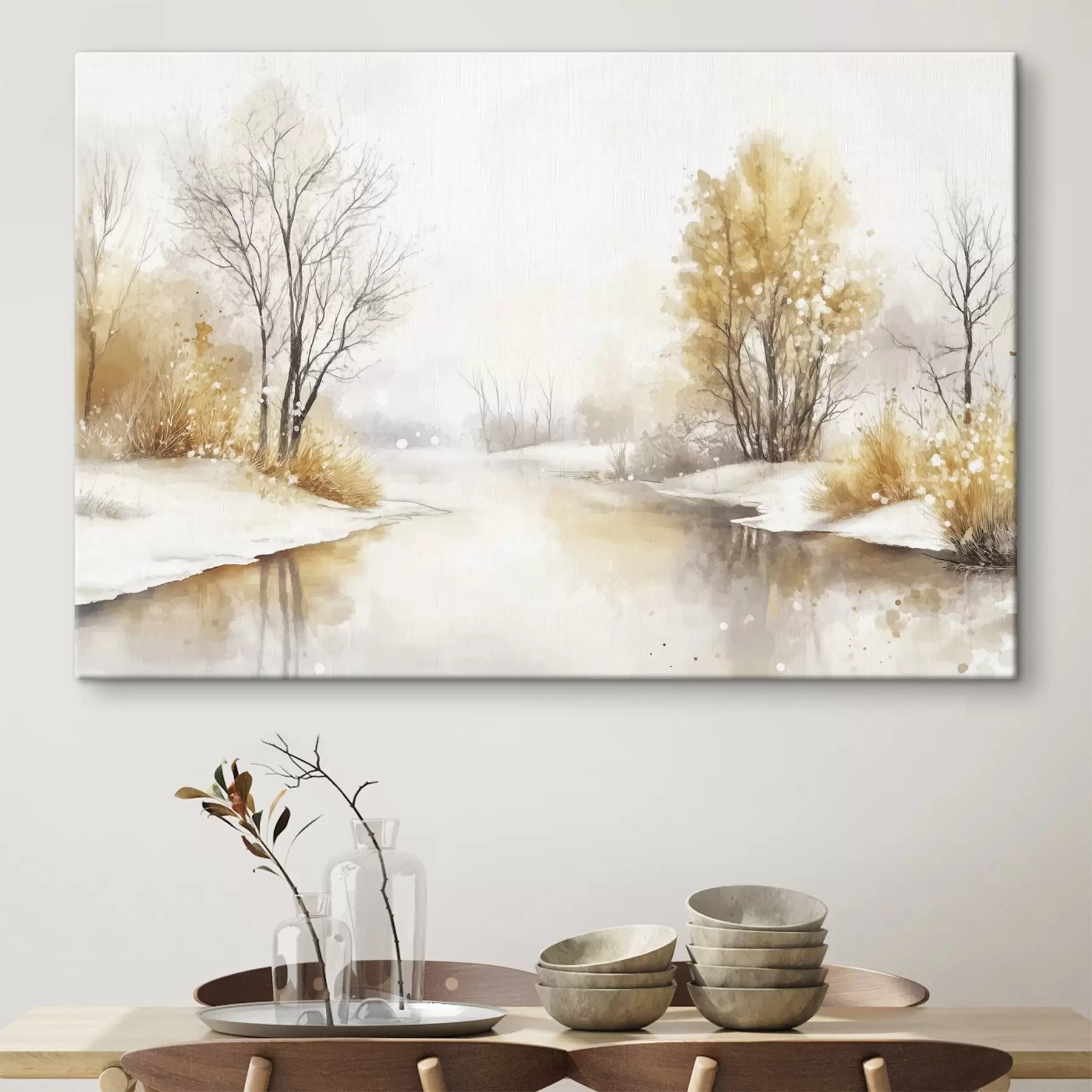 Fotobehang Winterlandschap, rivier en bomen, aquarel stijl, beige kleuren s42376