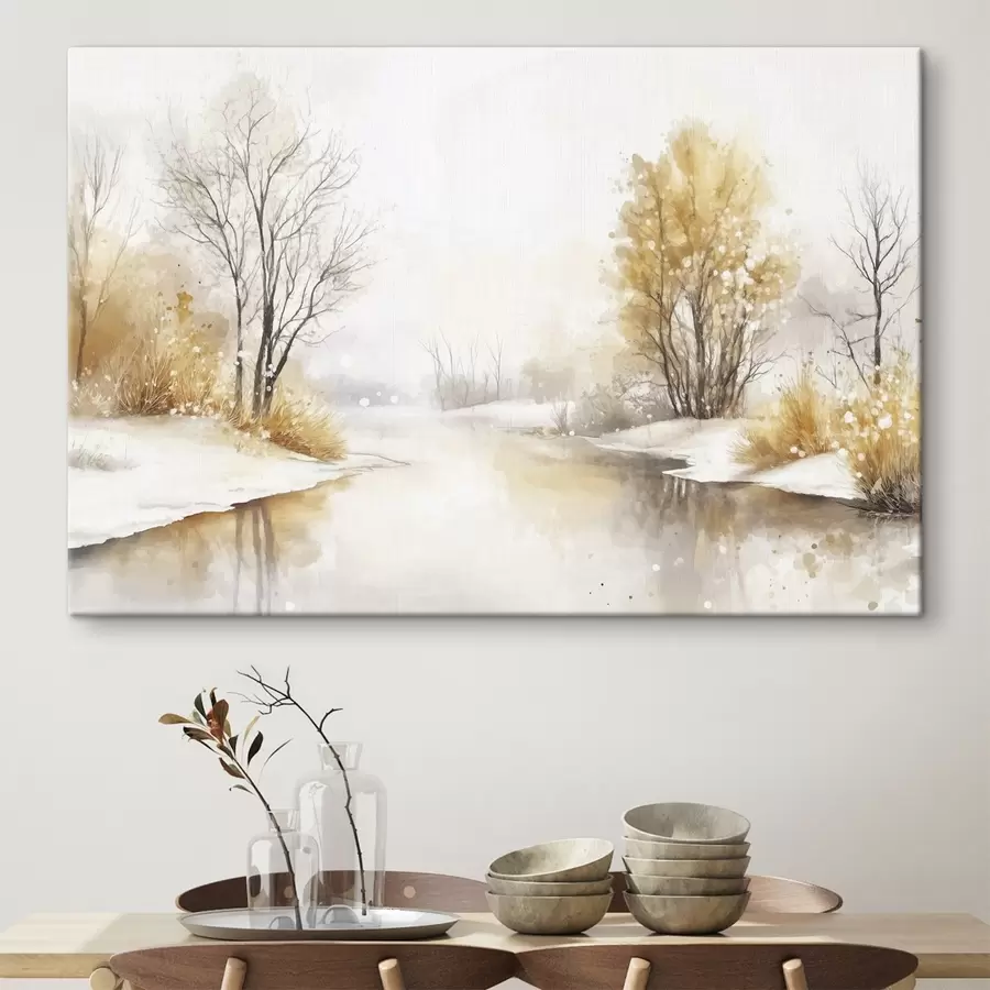  Schilderijen Winterlandschap, rivier en bomen, aquarel stijl, beige kleuren s42376