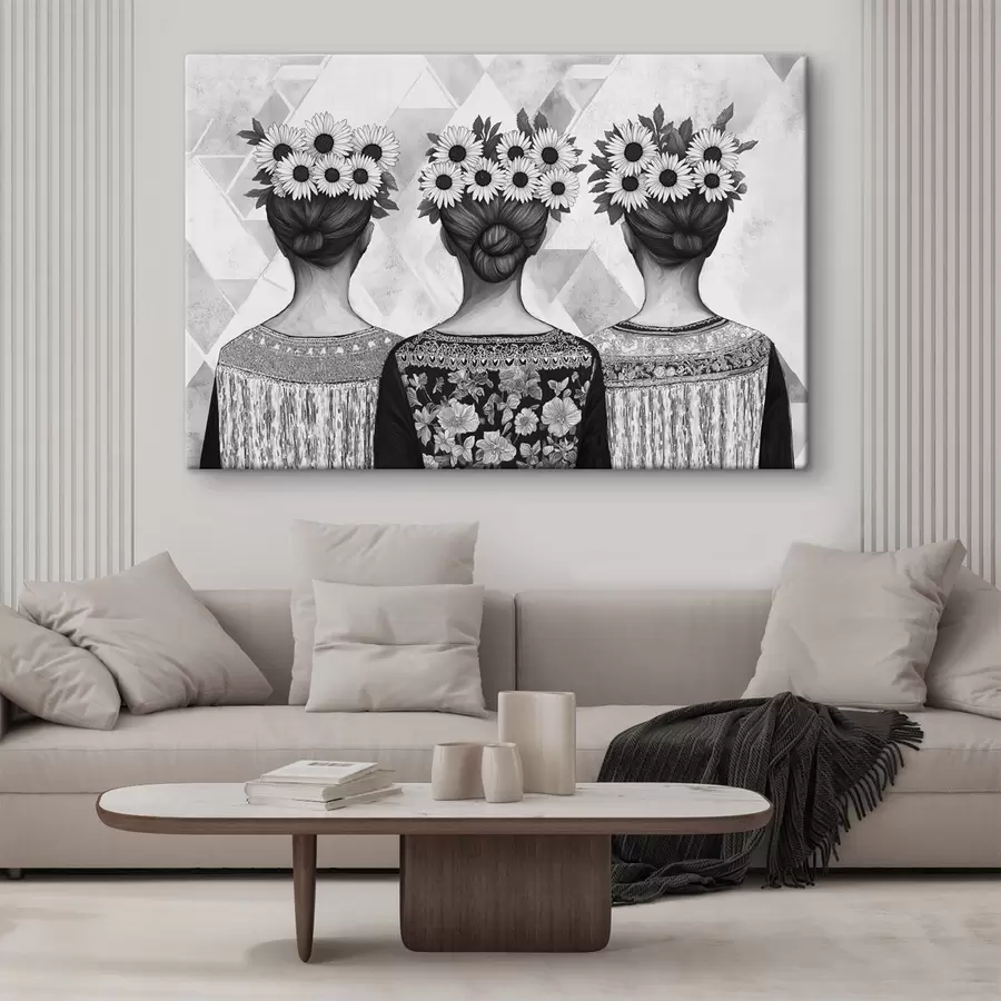  Peintures Trois femmes en vêtements ethniques, dessin au crayon, tournesols s42377