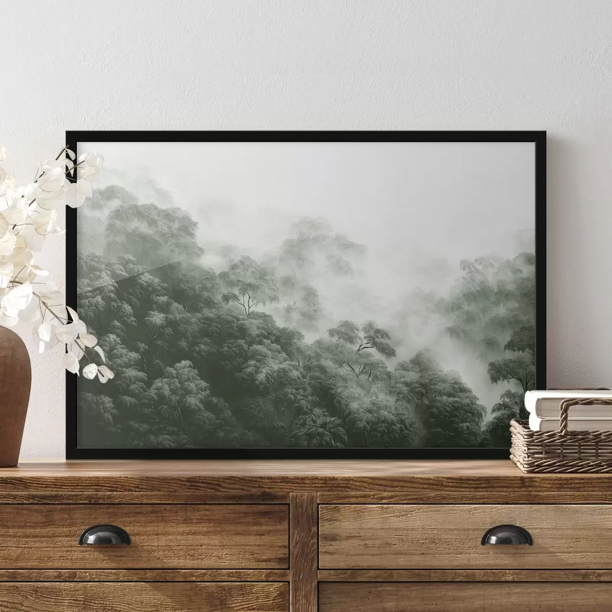 Affiche Forêt tropicale dans le brouillard, palmiers, couleurs vertes f42371