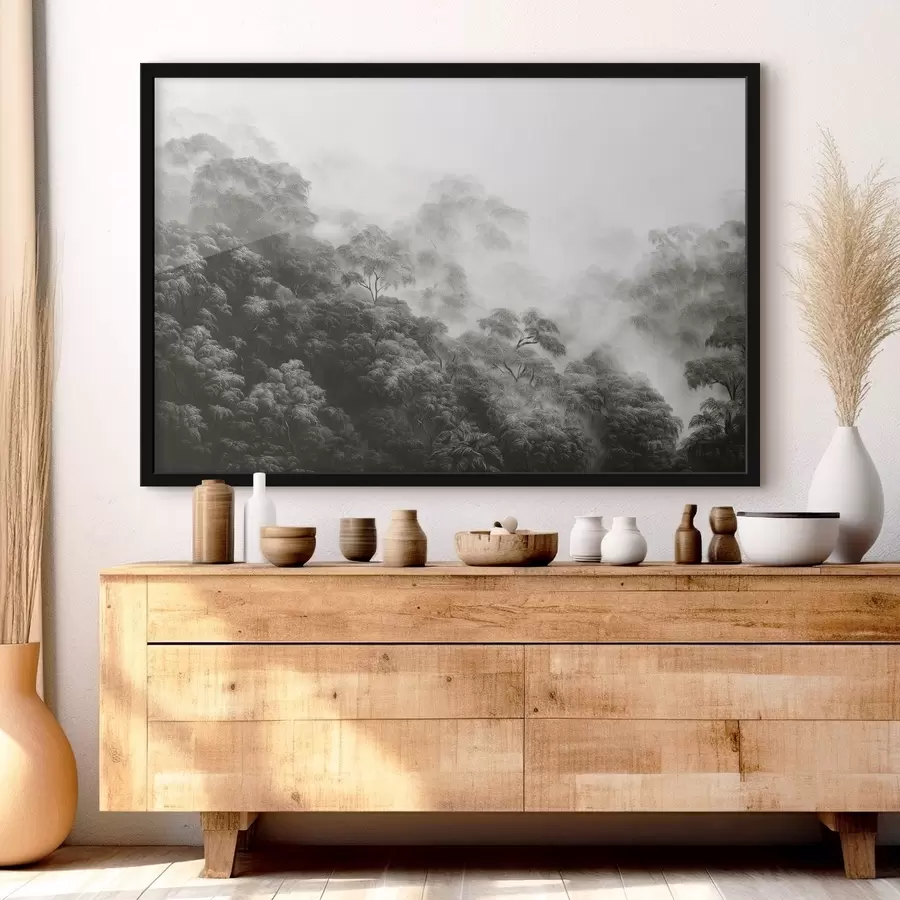 Fotobehang Tropisch bos in de mist, palmbomen, grijze kleuren f42371v1