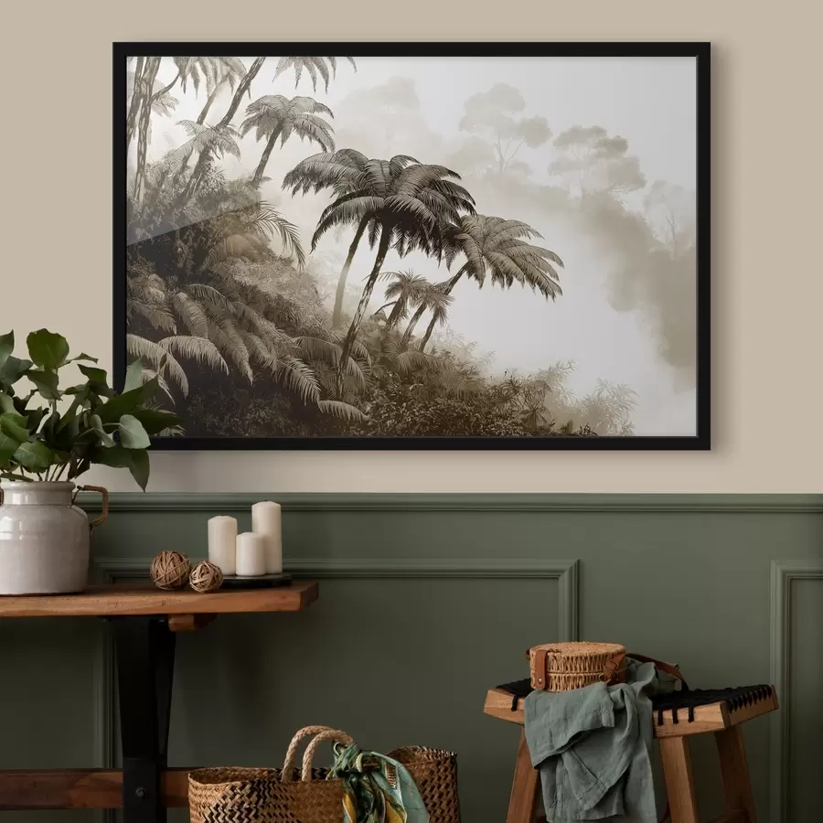 Fotobehang Junglebos in de mist, palmbomen, natuur, beige kleuren f42372