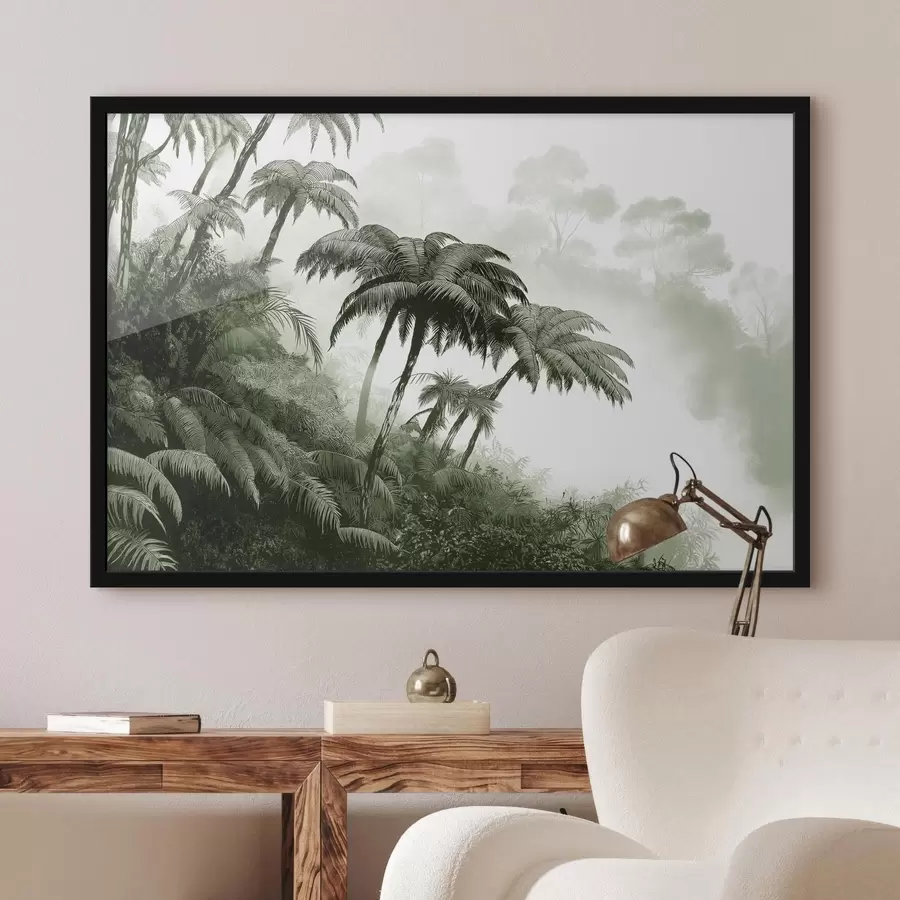 Fotobehang Junglebos in de mist, palmbomen, natuur, groene kleuren f42372v1