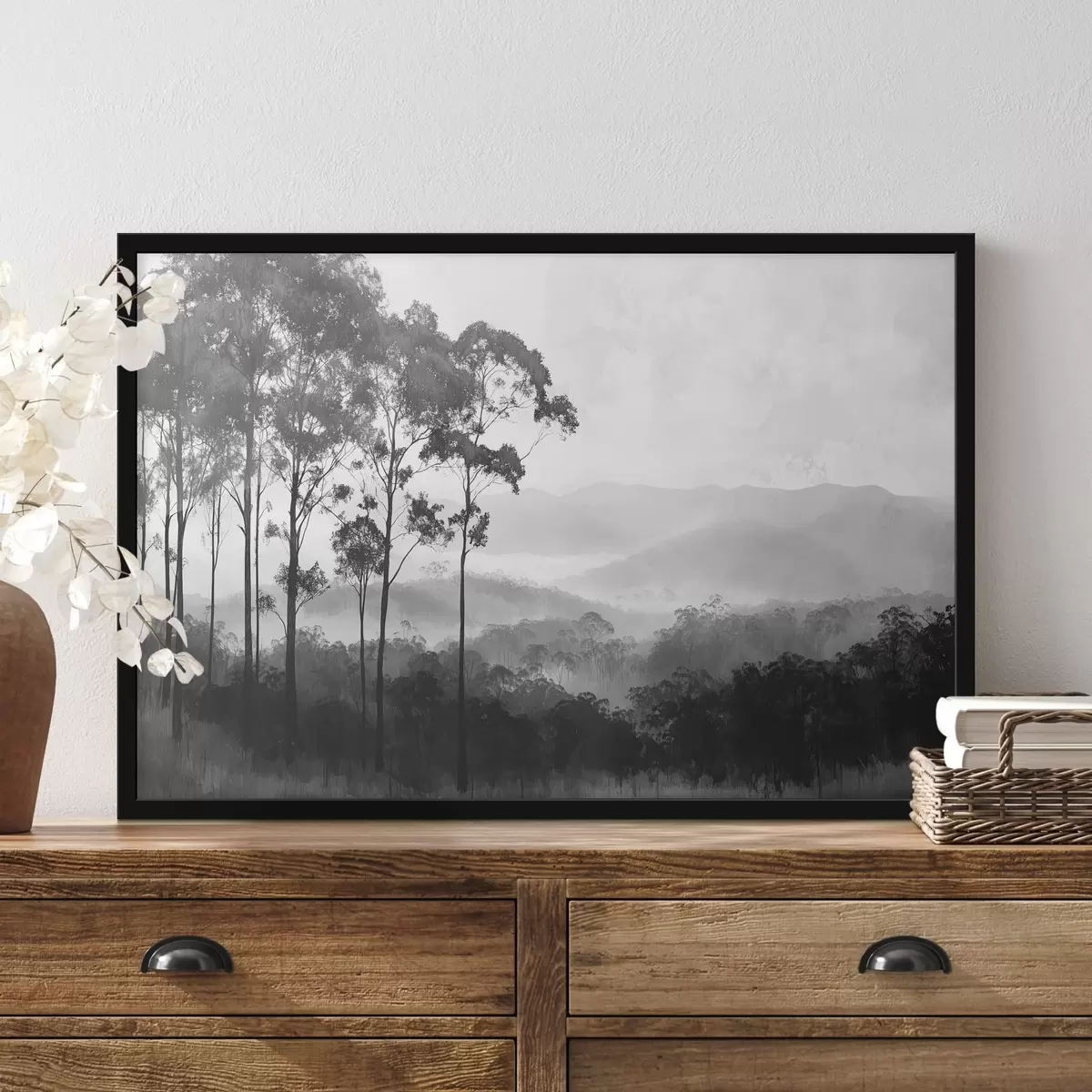 Poster Mystiek bos in grijstinten, natuurlandschap, bomen f42373